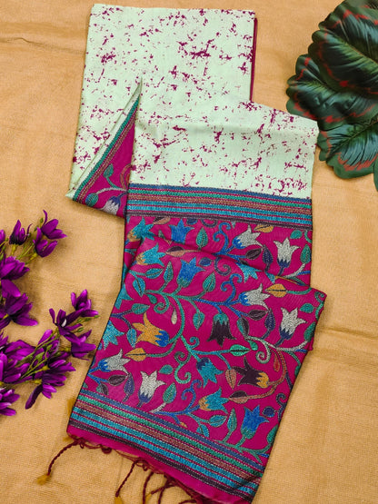 Soft Tussar Silk Saree with beautiful floral print - PINK
