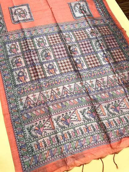 Tussar Silk Madhubani 102 - ORANGE