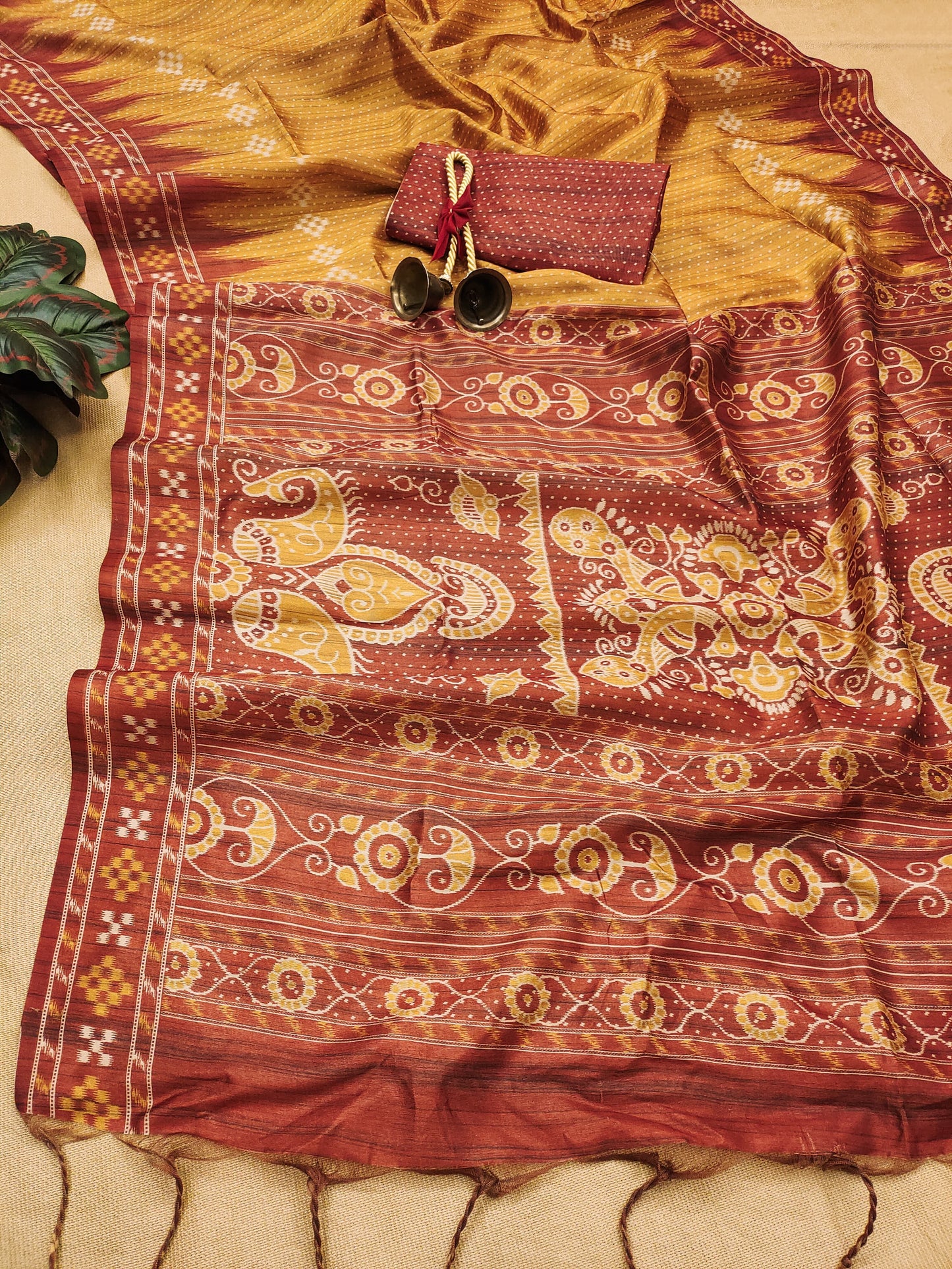 Soft Tussar silk saree with traditional temple print - YELLOW