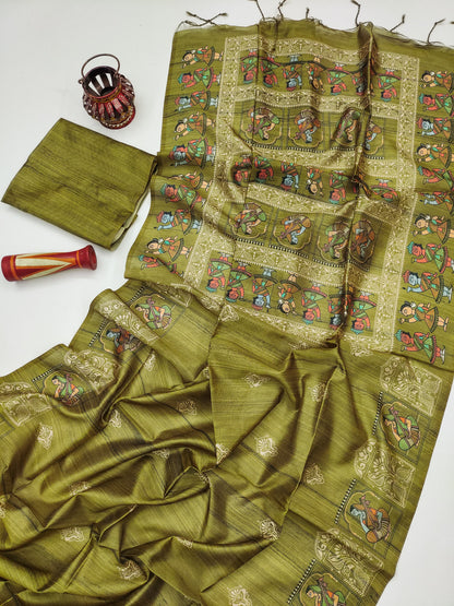 Madhubani Printed Saree - MEHNDI