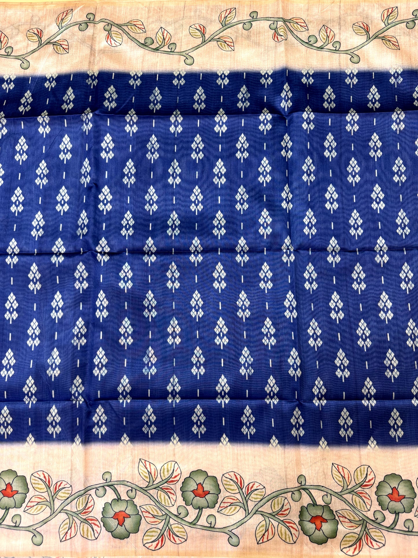 Tussar Silk Kalamkari Printed Pallu - BLUE