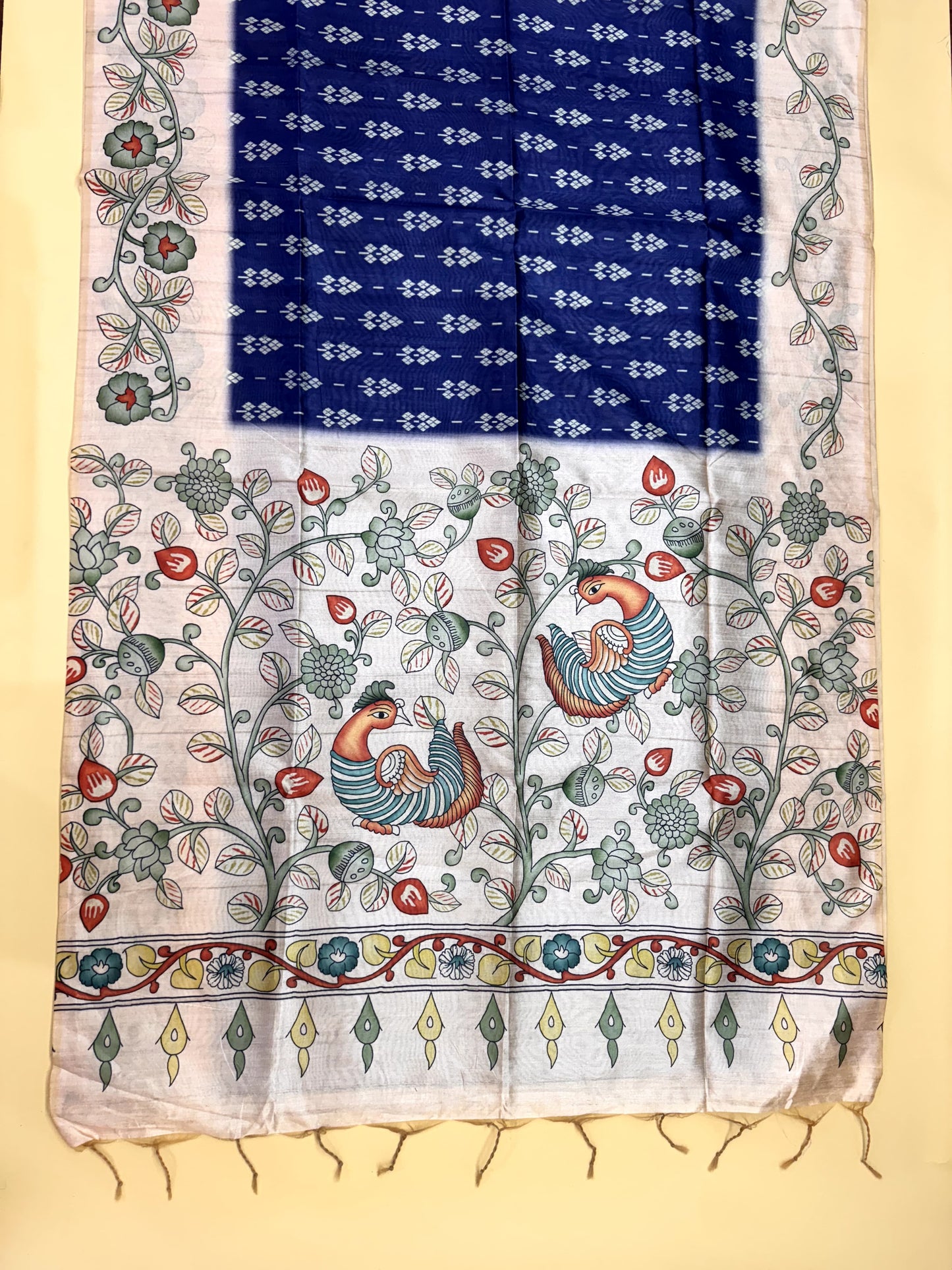 Tussar Silk Kalamkari Printed Pallu - BLUE