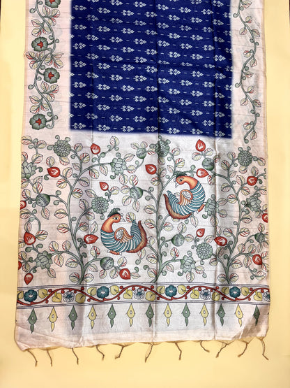 Tussar Silk Kalamkari Printed Pallu - BLUE