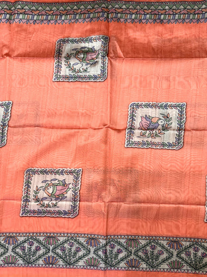 Tussar Silk Madhubani 102 - ORANGE