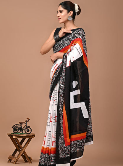 Women’s Black White Printed Tussar Silk Saree