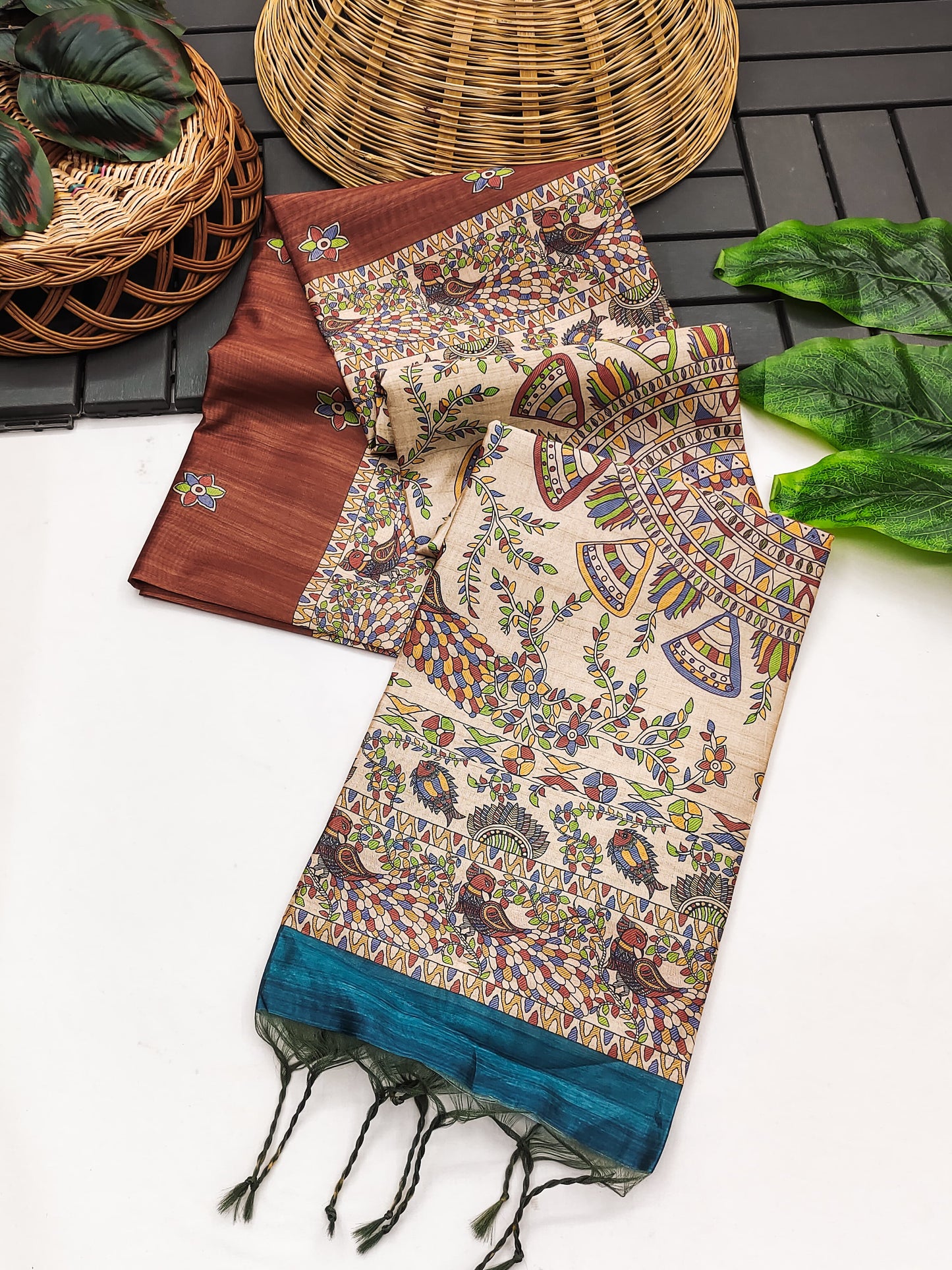 Tussar Silk Madhubani - COFFEE