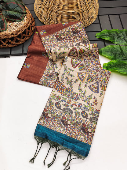 Tussar Silk Madhubani - COFFEE