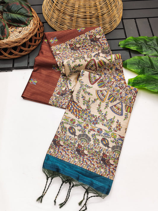 Tussar Silk Madhubani - COFFEE