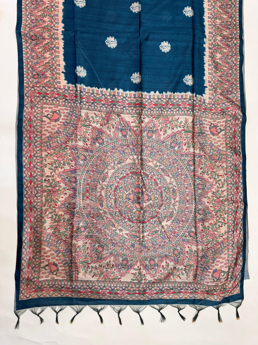 Tussar Silk Madhubani 101 - BLUE