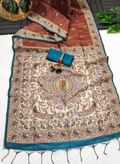 Tussar Silk Madhubani - COFFEE
