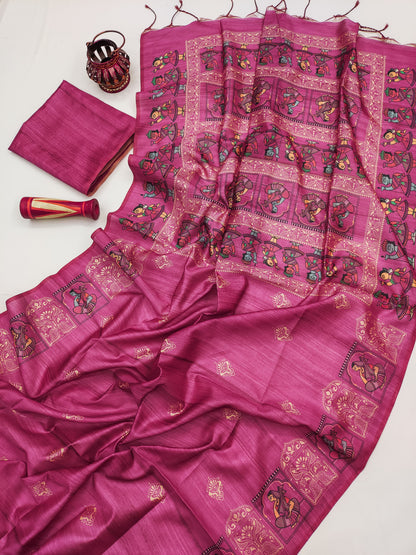 Madhubani Printed Saree - PINK