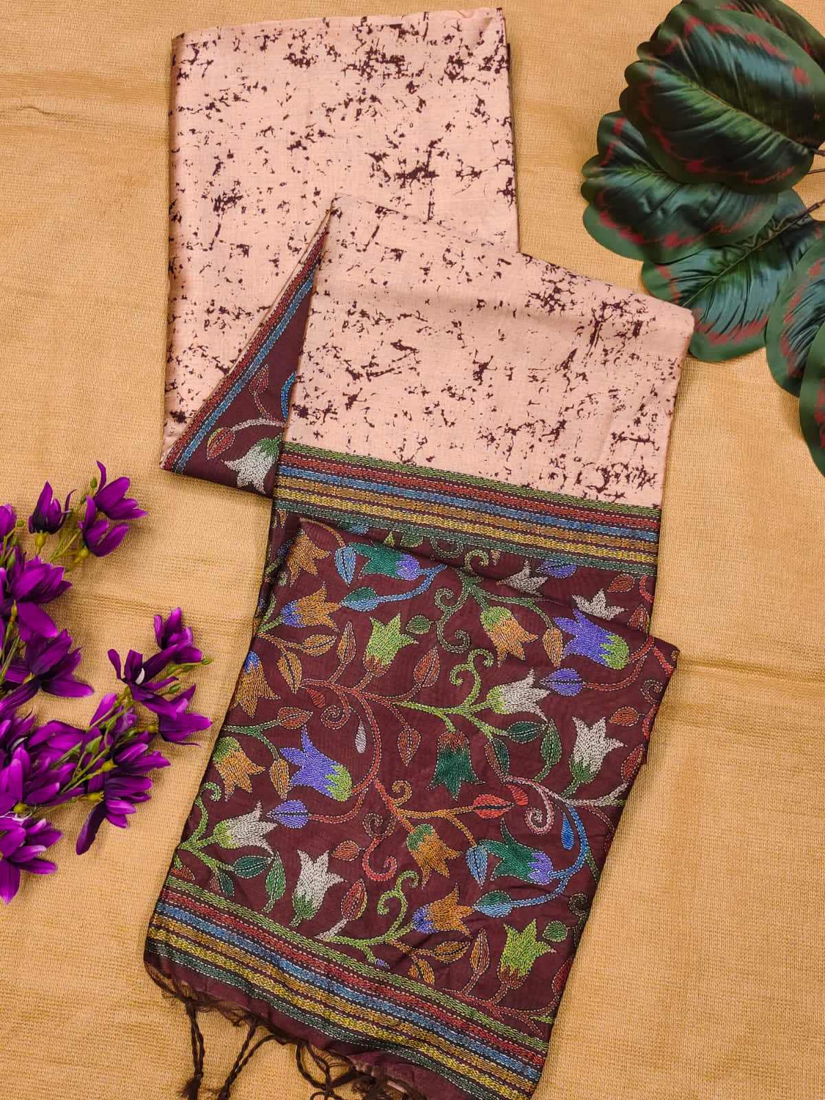 Soft Tussar Silk Saree with beautiful floral print - COFFEE