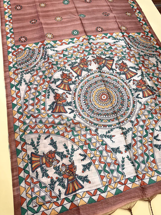 Tussar Silk Madhubani - PEACH