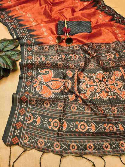 Soft Tussar silk saree with traditional temple print - ORANGE-BLACK