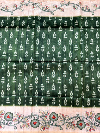 Tussar Silk Kalamkari Printed Pallu - GREEN