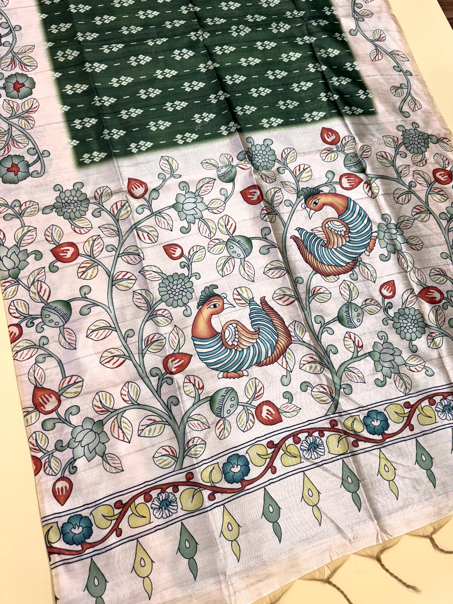 Tussar Silk Kalamkari Printed Pallu - GREEN