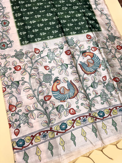 Tussar Silk Kalamkari Printed Pallu - GREEN