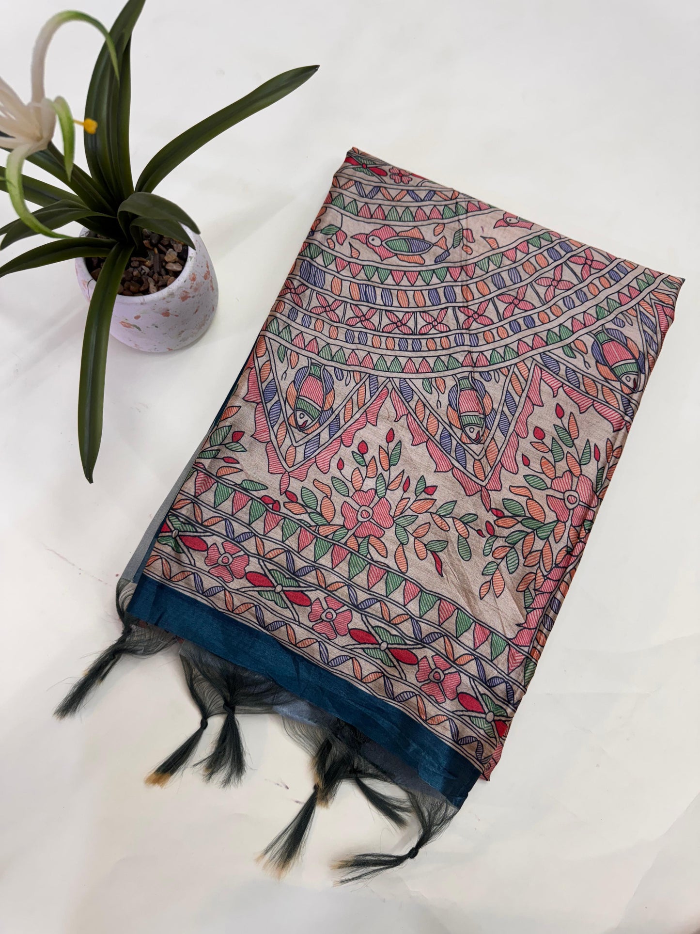 Tussar Silk Madhubani 101 - BLUE