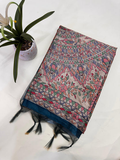 Tussar Silk Madhubani 101 - BLUE