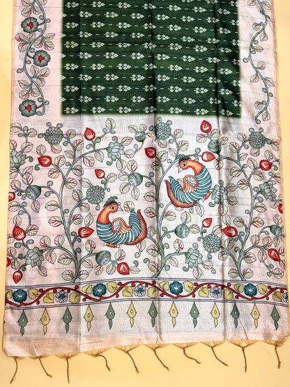 Tussar Silk Kalamkari Printed Pallu - GREEN