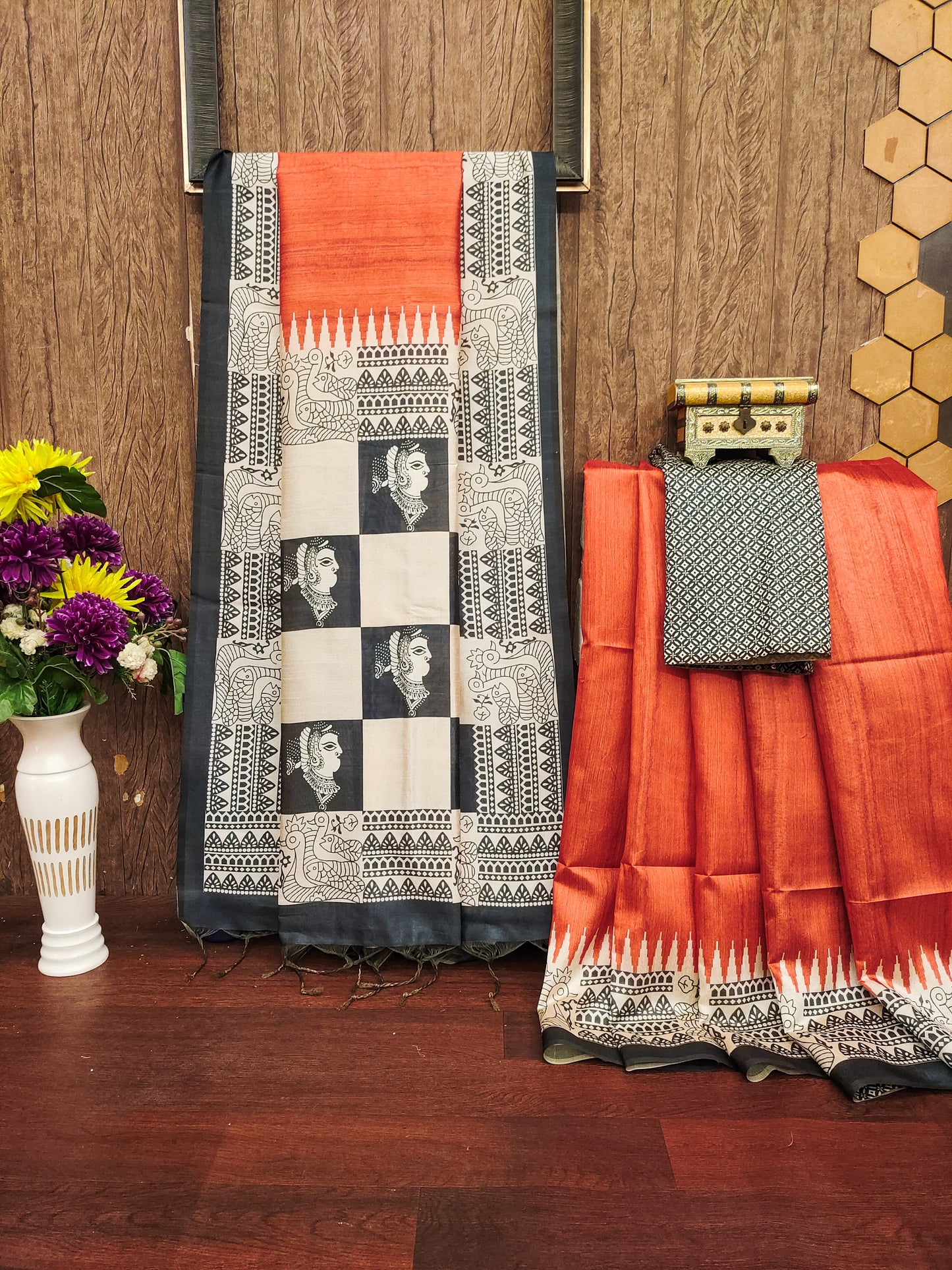 ORANGE - Tussar Silk Kalamkari Saree
