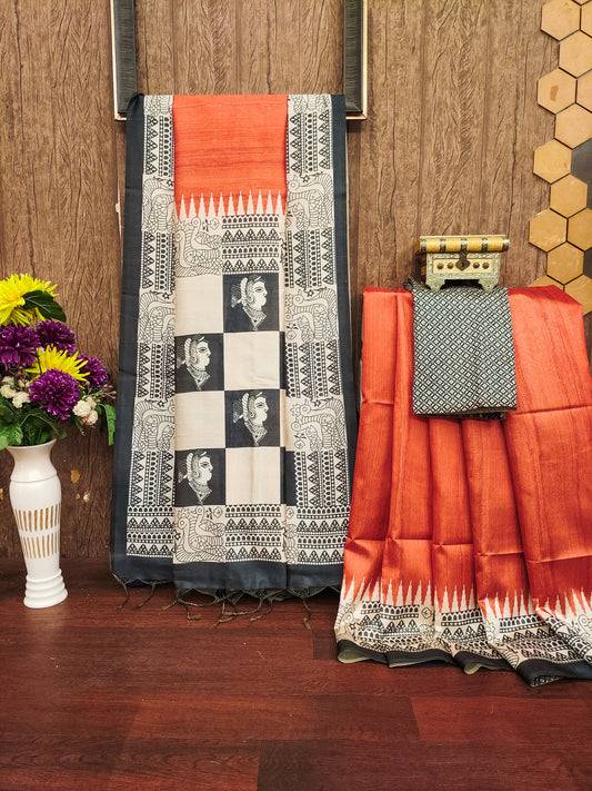 ORANGE - Tussar Silk Kalamkari Saree