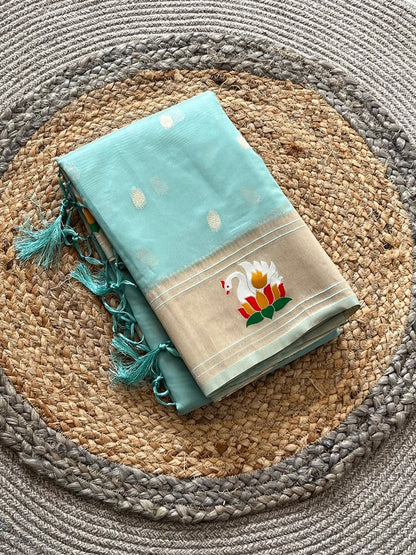 Organza Tissue Paithani Silk Saree - Sky blue