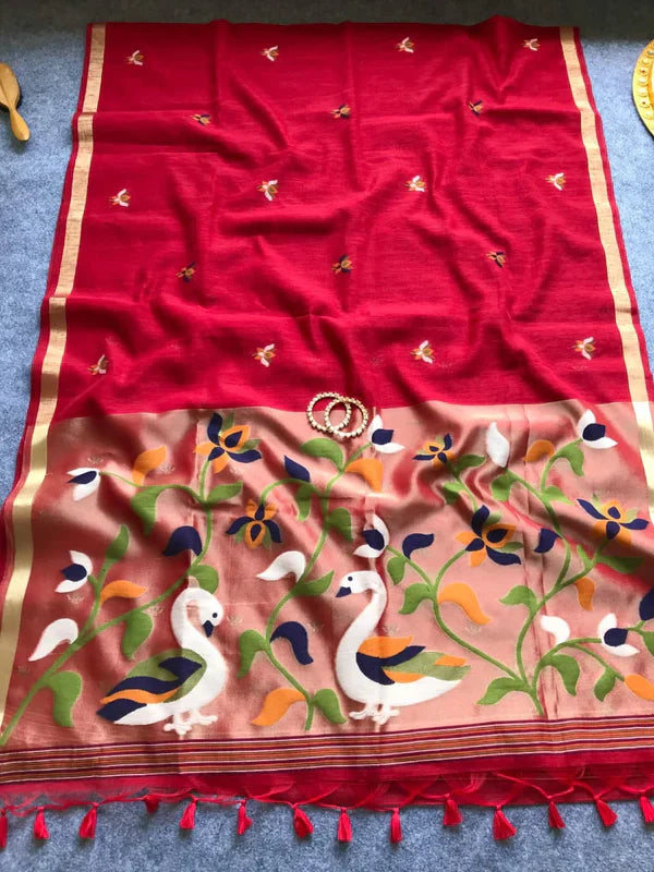 PURE MUSLIN LINEN ZARI JAMDANI SAREE-RED