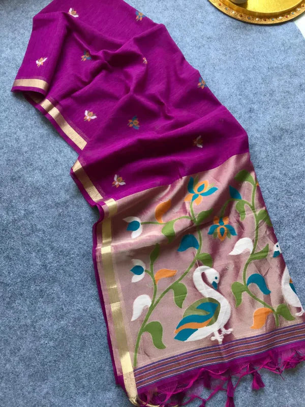PURE MUSLIN LINEN ZARI JAMDANI SAREE-WINE