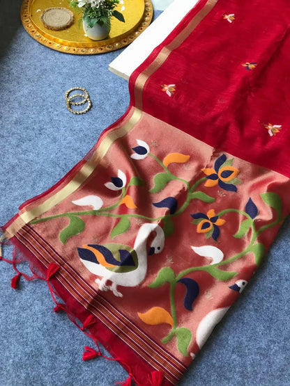 PURE MUSLIN LINEN ZARI JAMDANI SAREE-RED