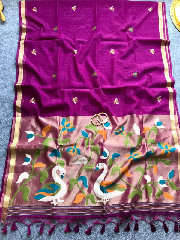 PURE MUSLIN LINEN ZARI JAMDANI SAREE-WINE