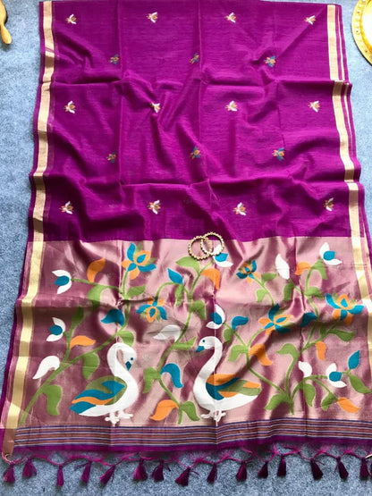 PURE MUSLIN LINEN ZARI JAMDANI SAREE-WINE