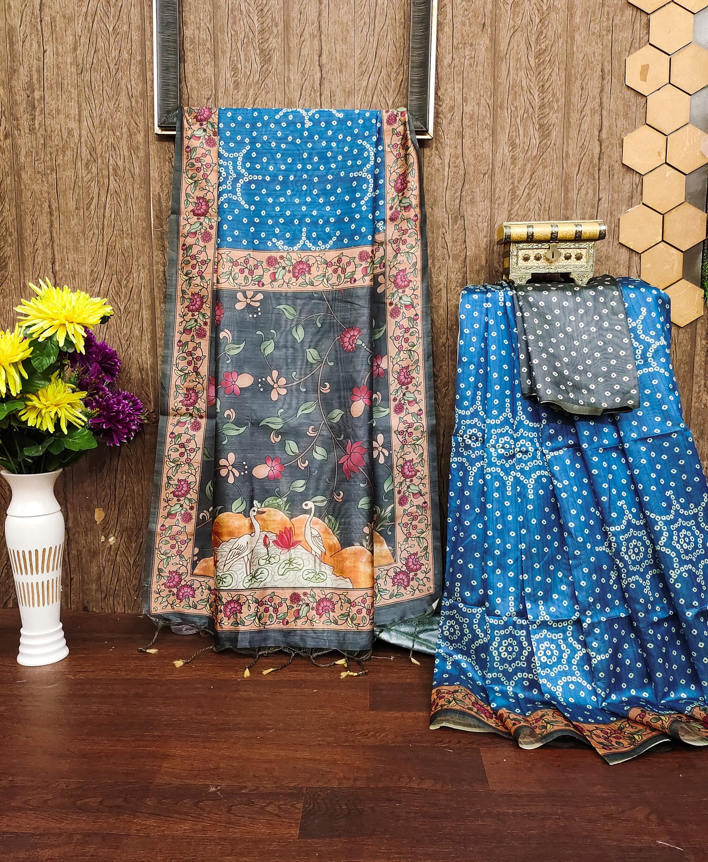 Soft Tussar Silk Saree with Bandhani print - BLUE