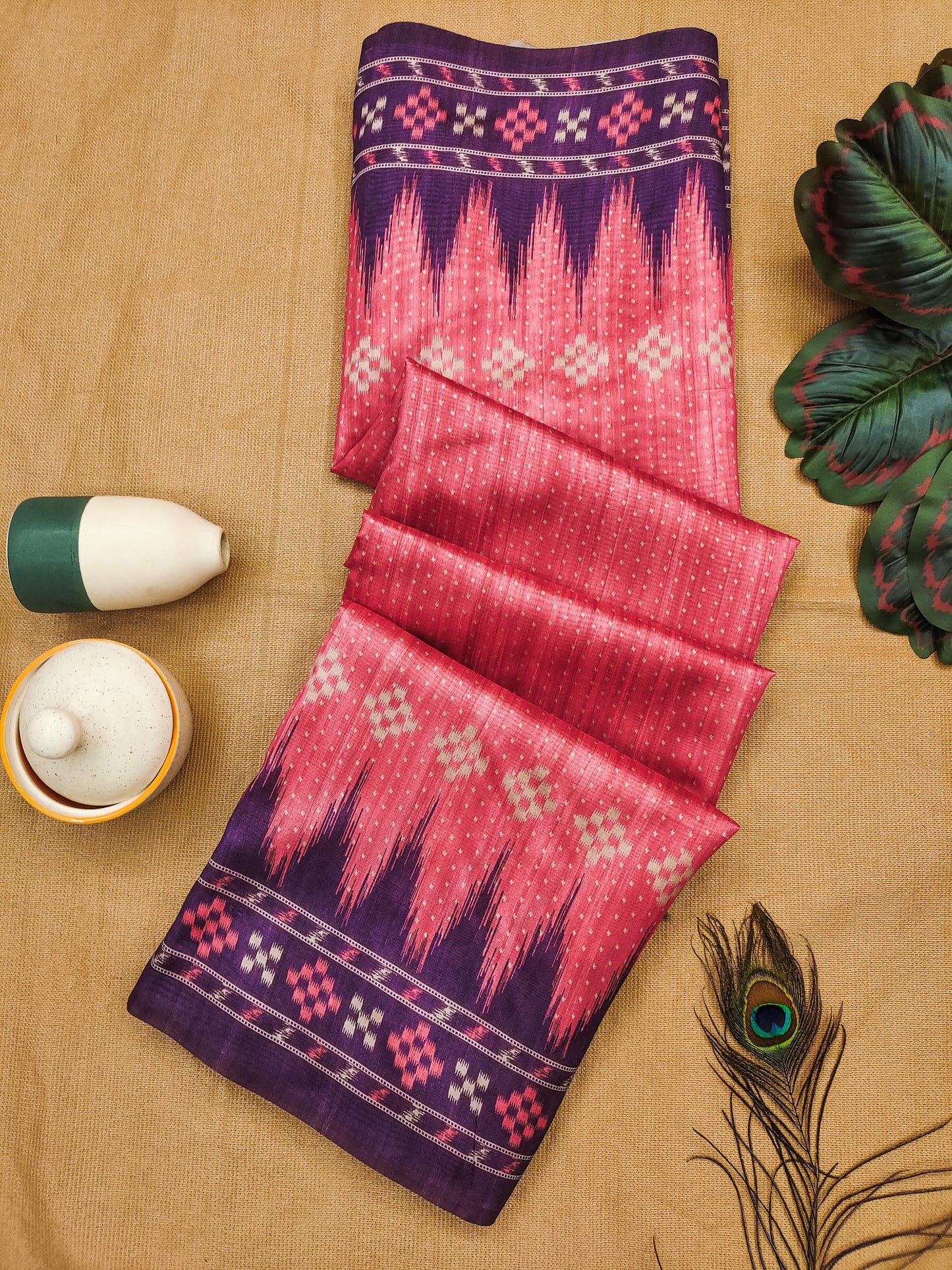 Soft Tussar silk saree with traditional temple print - PINK