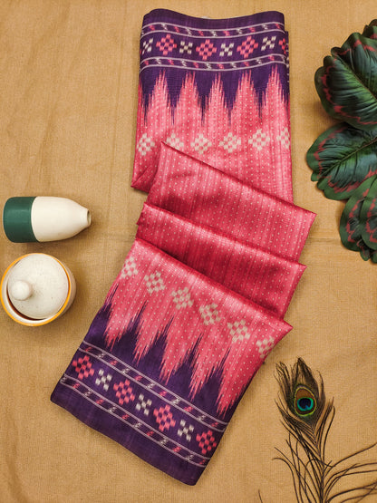 Soft Tussar silk saree with traditional temple print - PINK
