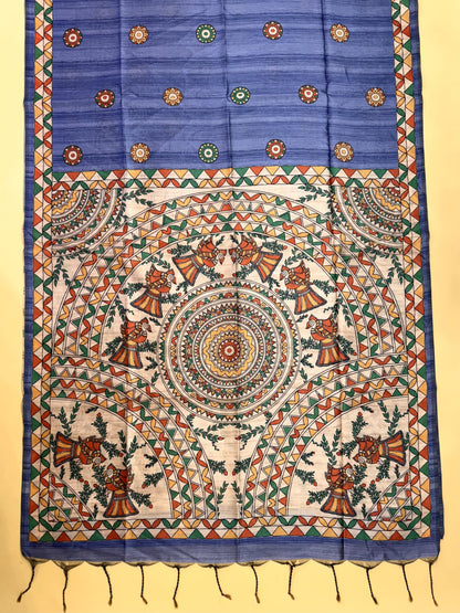 Tussar Silk Madhubani - BLUE