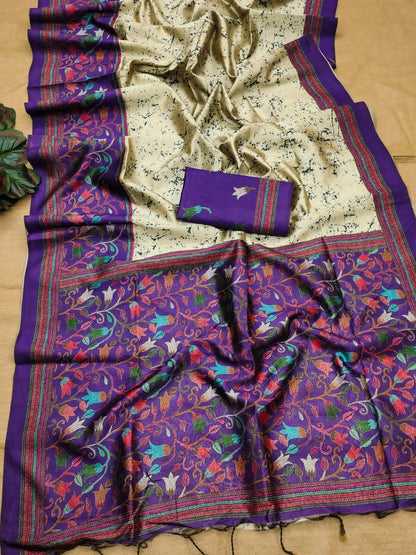 Soft Tussar Silk Saree with beautiful floral print -BLUE