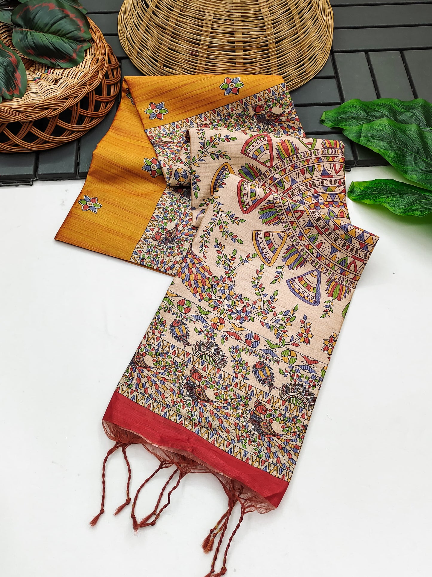 Tussar Silk Madhubani - ORANGE