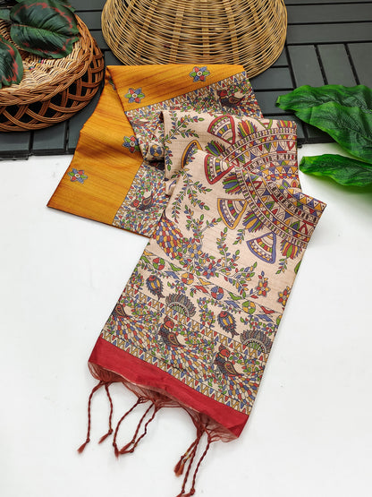 Tussar Silk Madhubani - ORANGE