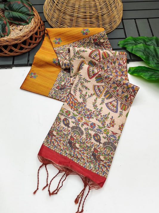 Tussar Silk Madhubani - ORANGE
