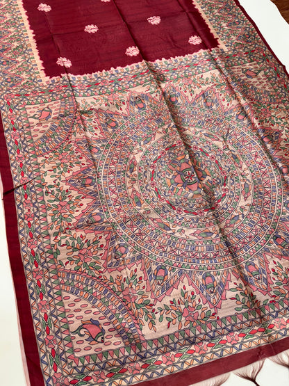 Tussar Silk Madhubani 101 - MAROON