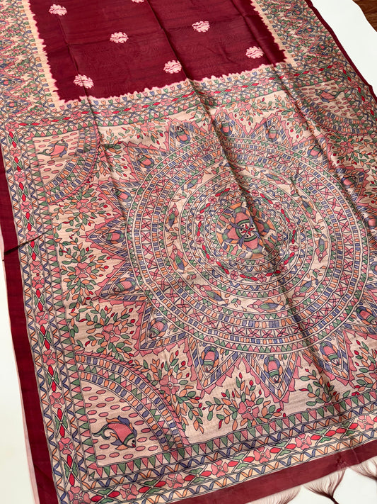 Tussar Silk Madhubani 101 - MAROON