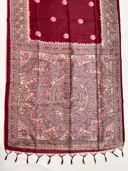 Tussar Silk Madhubani 101 - MAROON