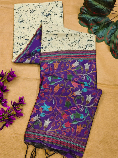 Soft Tussar Silk Saree with beautiful floral print -BLUE