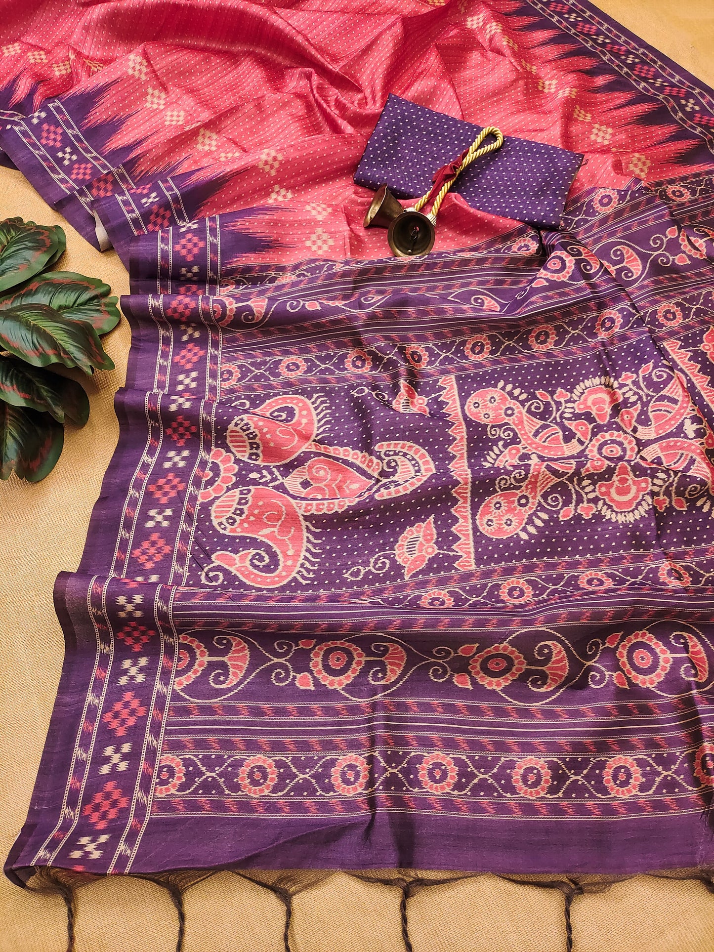 Soft Tussar silk saree with traditional temple print - PINK