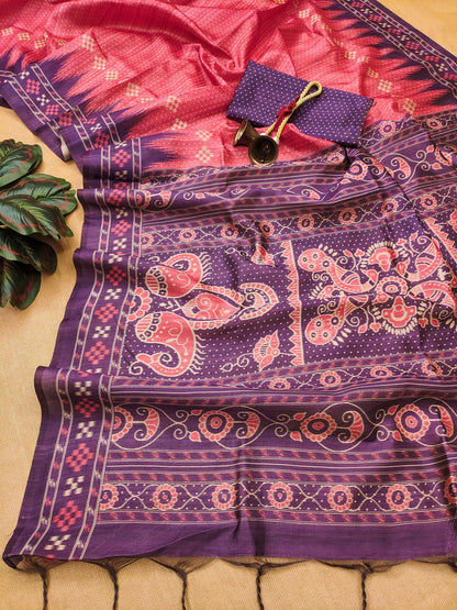 Soft Tussar silk saree with traditional temple print - PINK