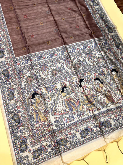 COFFEE - Tussar Silk Saree Madhubani Pallu