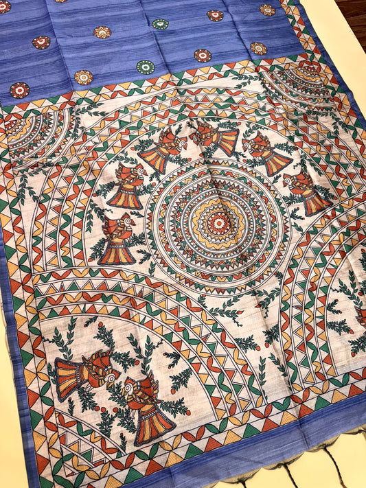 Tussar Silk Madhubani - BLUE