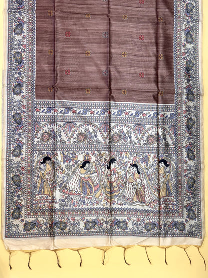 COFFEE - Tussar Silk Saree Madhubani Pallu