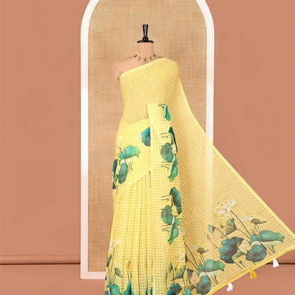 Tussar Silk Saree with Floral Lotus Print & Tassel Border-YELLOW